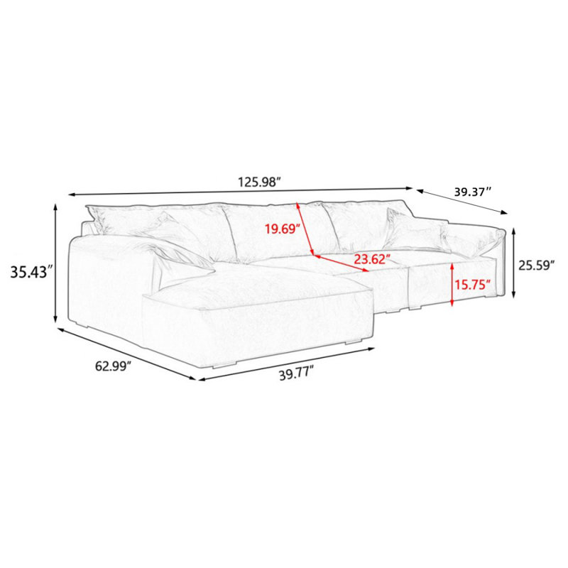 Canapé modulaire 2 pièces rembourré, 35.43" H x 125.98" W x 62.99" D, Orienté à gauche (vu de face)