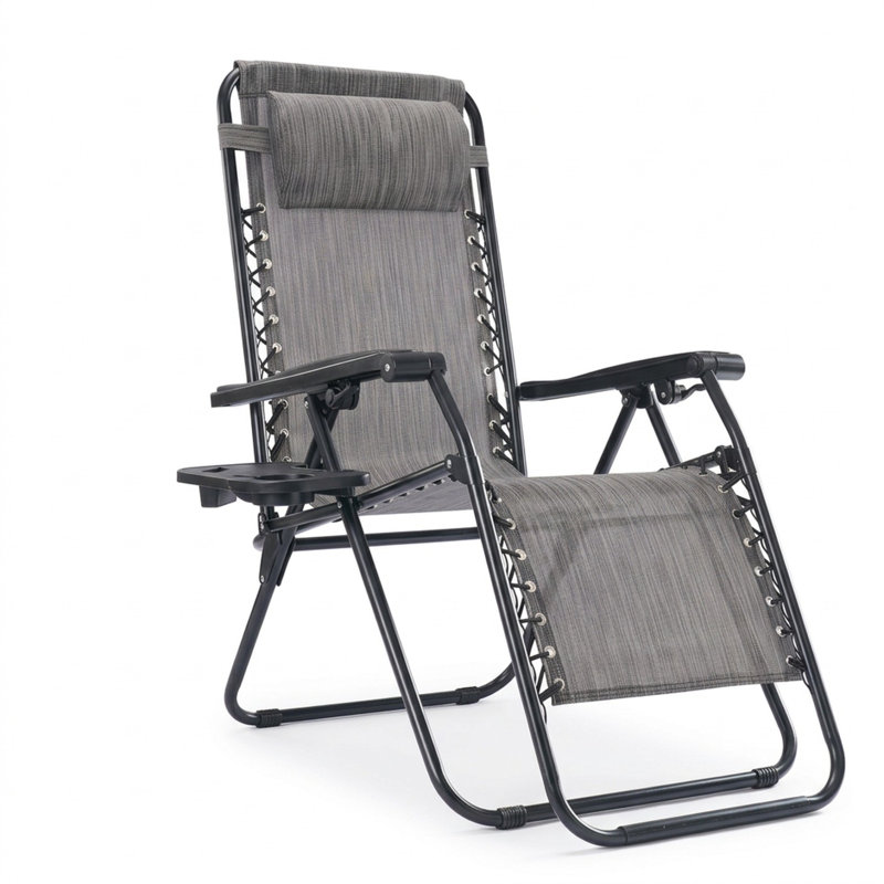 Set of 2 Outdoor Zero Gravity Chaise Lounge Chairs, Folding, Reclining Patio Seats with Cup Holder & Headrest, Gray
