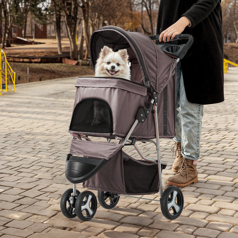 Foldable Pet Stroller, 3 Wheels Folding Carrier Jogger Stroller for Dogs Cats with Canopy and Basket, Coffee