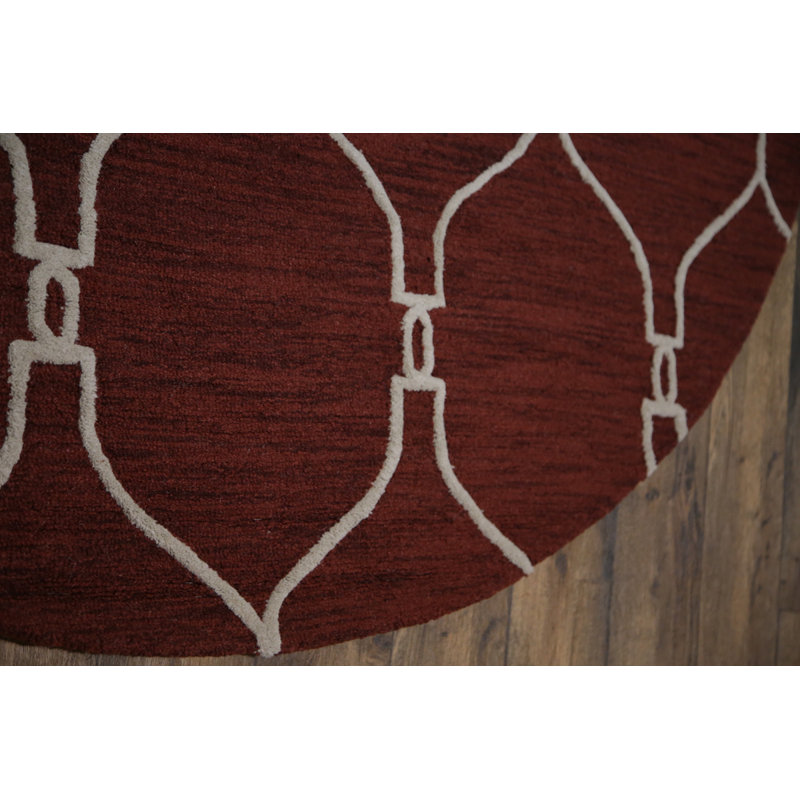 Tapis décoratif rouge en laine Touffeté à la main à motif géométrique SENAC, Rond 7 pi 11 po