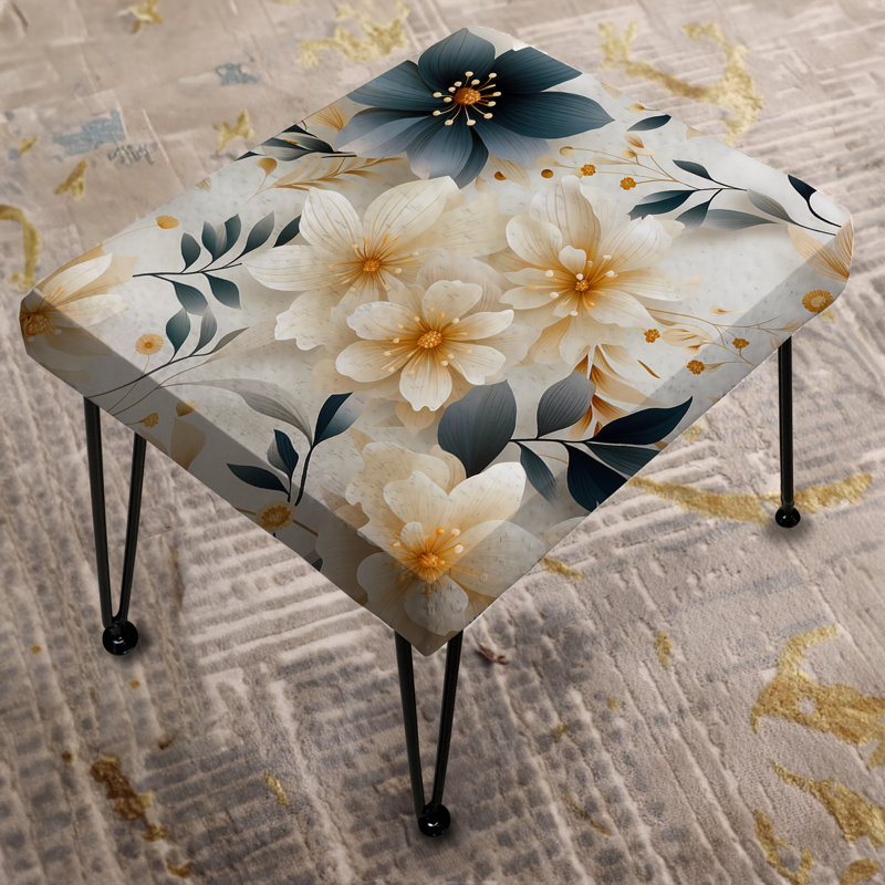 Blue White Chrysanthemum Flowers Boho Pattern - Floral Rectangle Ottoman