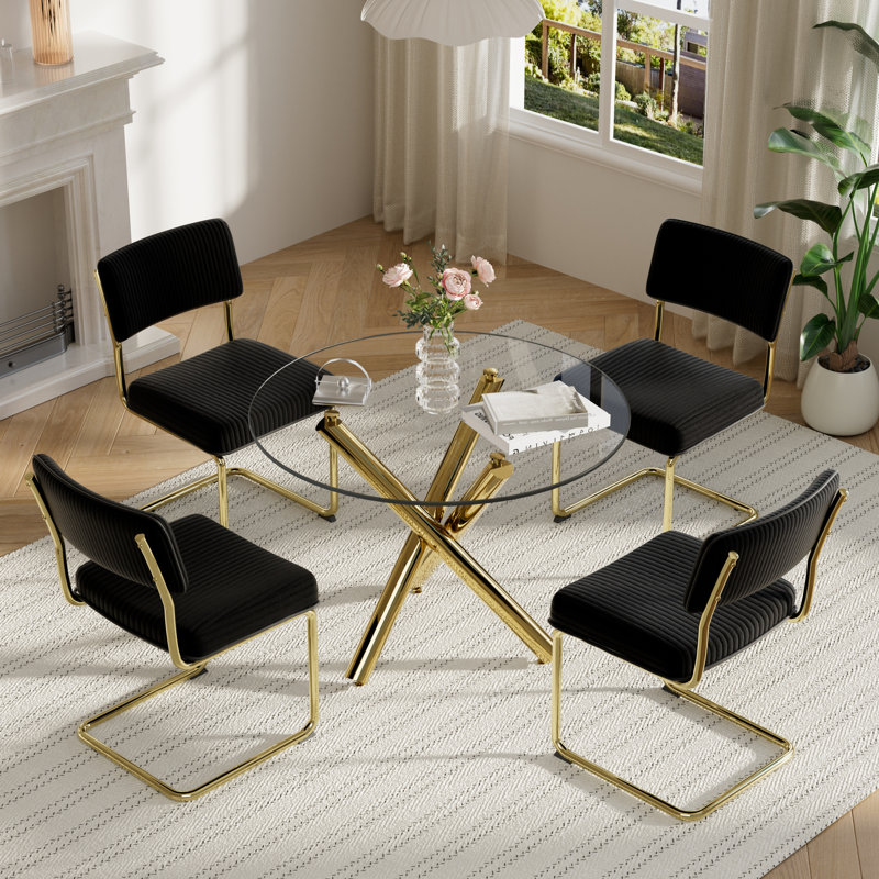 Modern Round Dining Table Set with Tempered Glass Table & Corduroy Fabric Chairs, Black, 30”H x 36”L x 36”W, 5