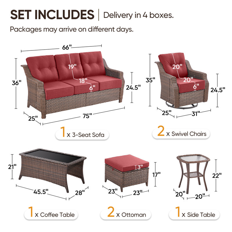 Craftedcane 7-Pieces Outdoor  PE Wicker Patio Conversation Set With 6" Thickness Cushions, Brown