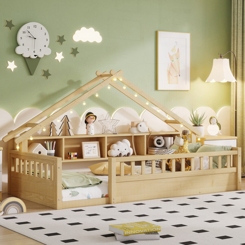 Lit en bois avec tablettes de rangement, Naturel, Lit simple