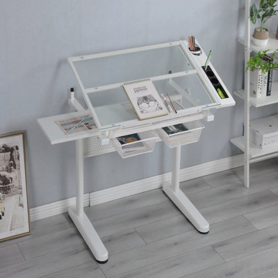 Hand Crank Adjustable Drafting Table Drawing Desk With 2 Metal Drawers (White)With Stool