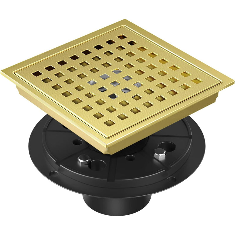 Brushed Gold Shower Drain 6 Inch, Square Floor Drain, Stainless Steel 