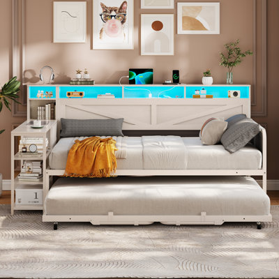 Daybed Twin with Pop Up Trundle, Farmhouse Wooden Day Bed Frame Twin with 3 Storage Drawers and Shelves, Twin to King Daybed with Charging Station and LED Lights for Bedroom, Guest Room, White