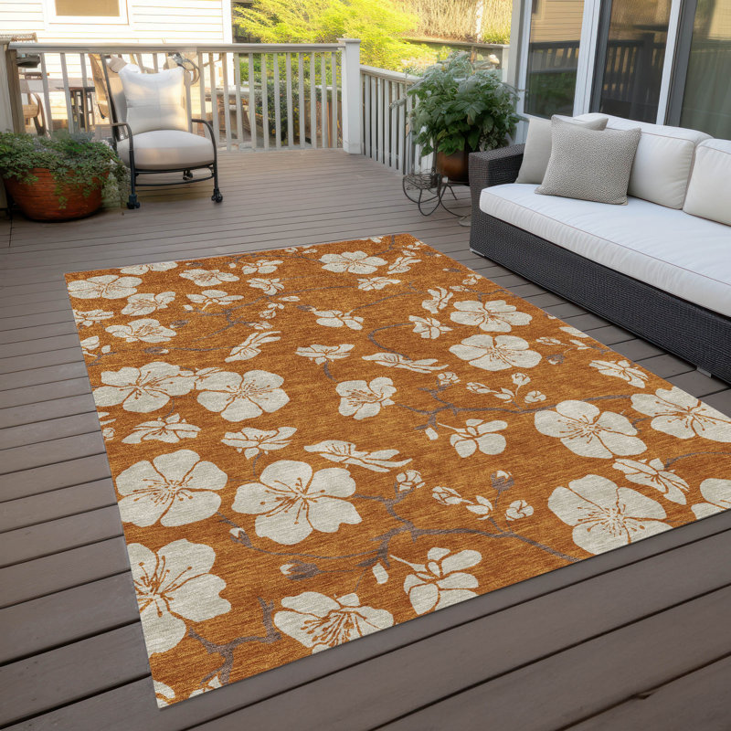 Paprika Floral Synthetic Washable Non-slip Rectangular Rug