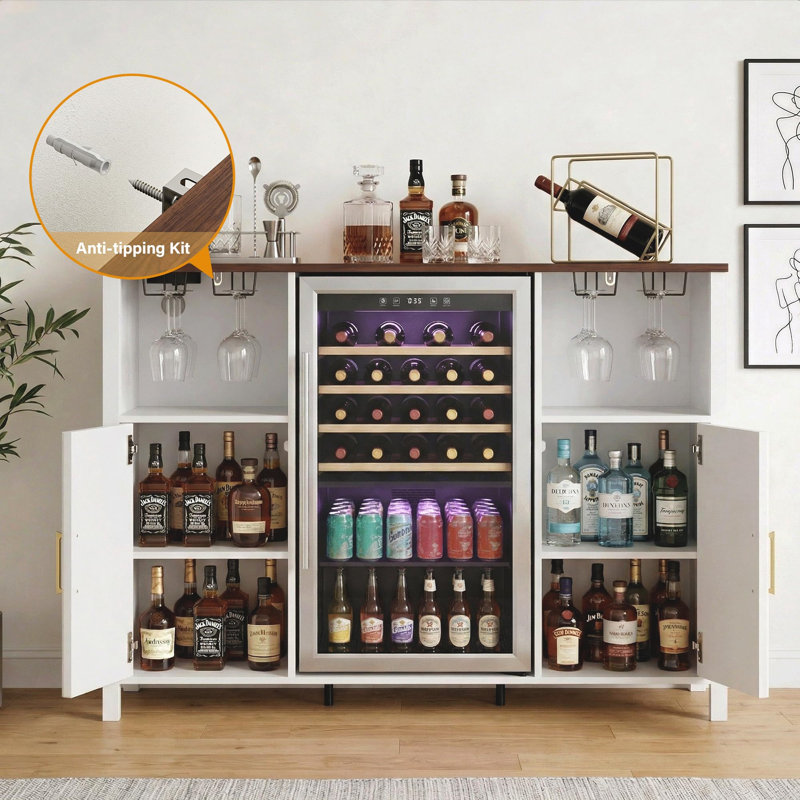 Armoire à café 53 po avec prise électrique, mini-réfrigérateur et porte-verre, White
