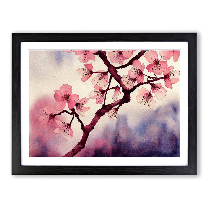 Cherry Blossom Flower Watercolour Vol.3 - Single Picture Frame Painting, 25cm H x 34cm W x 2cm D, Black