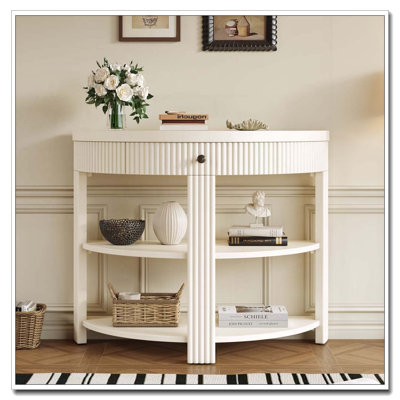 Console cannelée demi-lune avec tiroir et tablettes
