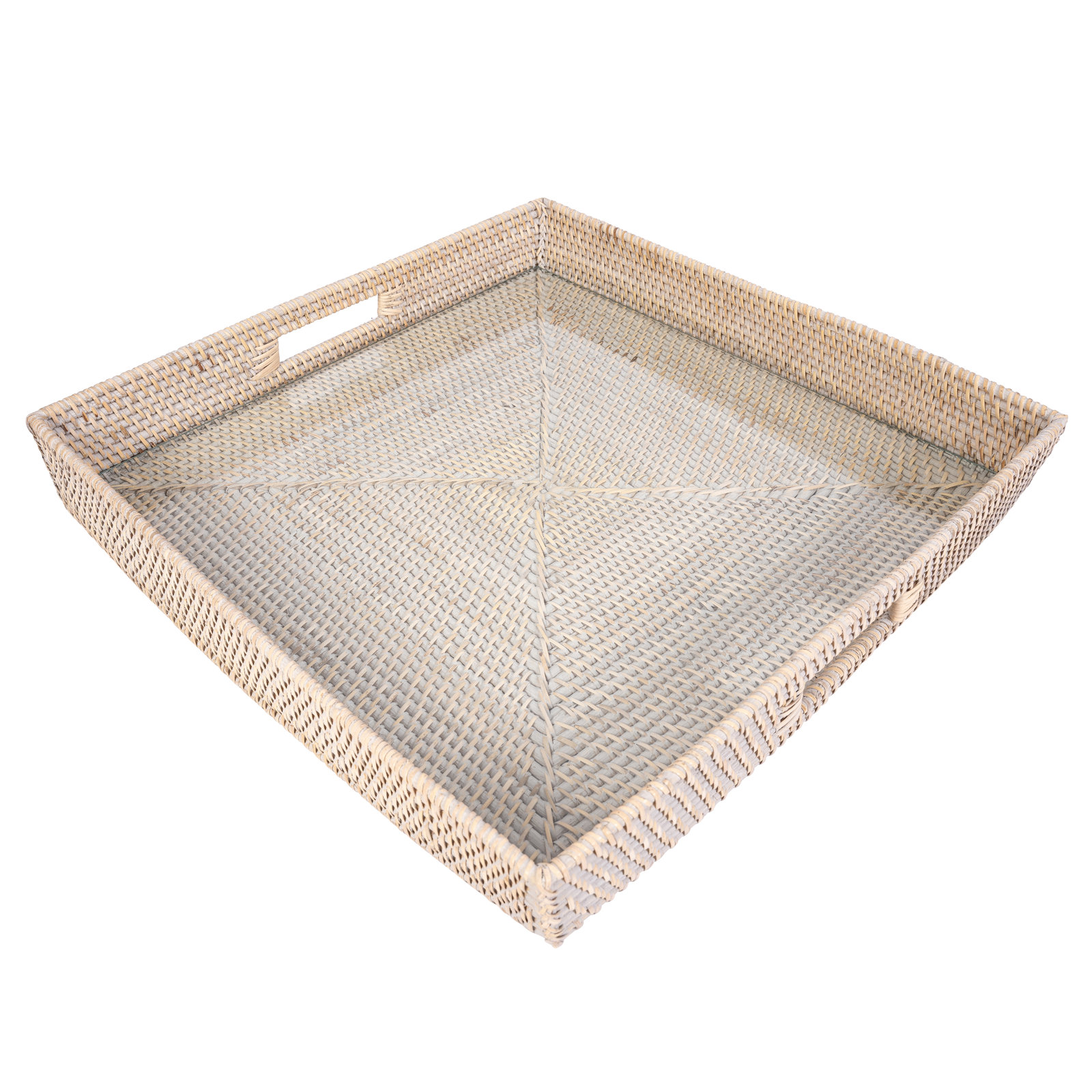 Serving Ottoman Trays With Glass Insert, 20"W x 20"D x 3"H, White Wash