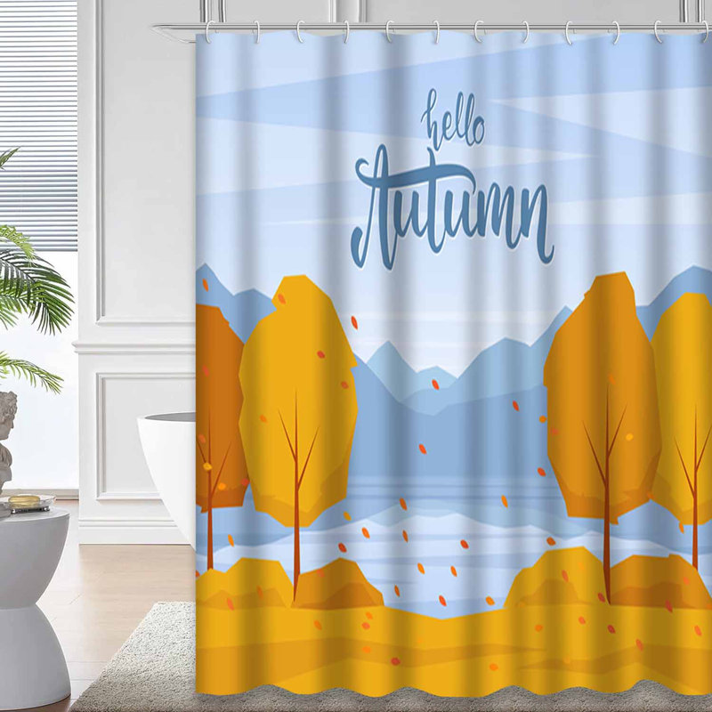 Colourful Flat Autumn Mountains Trees Shower Curtain with 12 Hooks, 72" L x 84" W