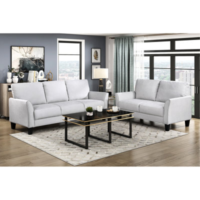 Ensemble de canapés et fauteuils 2 pièces gris contemporain, revêtement en tissu, structure en bois massif, ressorts ensachés, évasés.