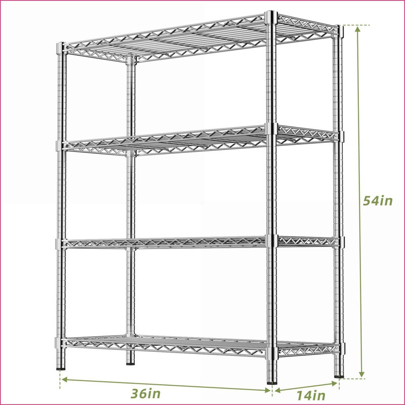 Tablette en métal à 4 niveaux: l 36 po x P 14 po x H 54 po, 350 lb par tablette en acier robuste résistant à la rouille pour la cuisine, la buanderie et le garage | Chrome | Métal