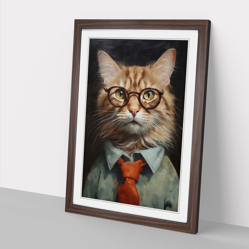 Cat With Glasses No.2 - Single Picture Frame Print on Wood, Walnut , 46cm H x 34cm W x 2cm D