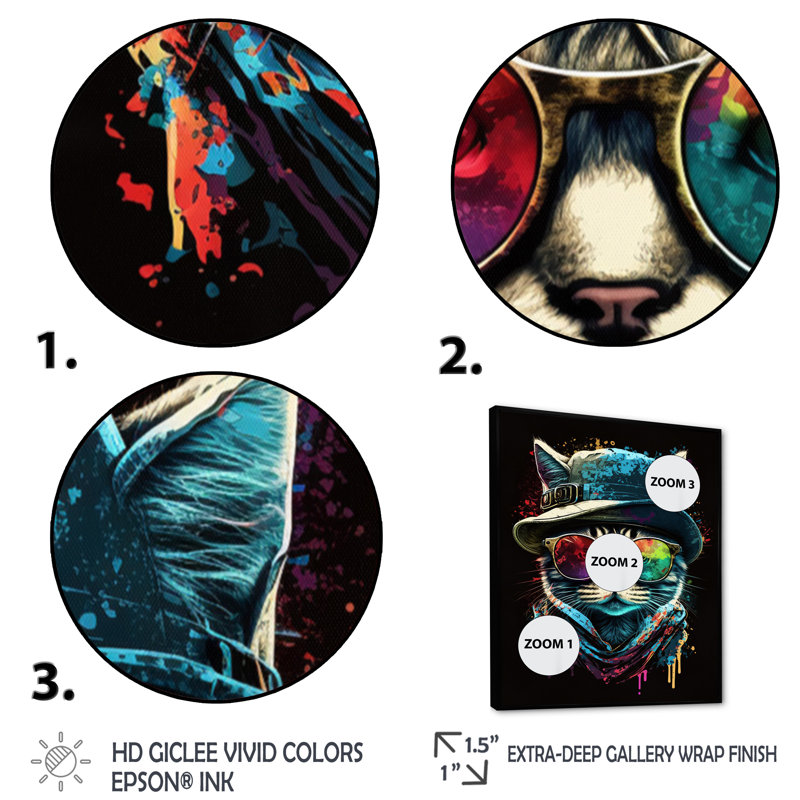 Art mural sur toile Cool Cat avec lunettes de soleil et chapeau I, L 12 po x H 20 po, Cadre flottant noir