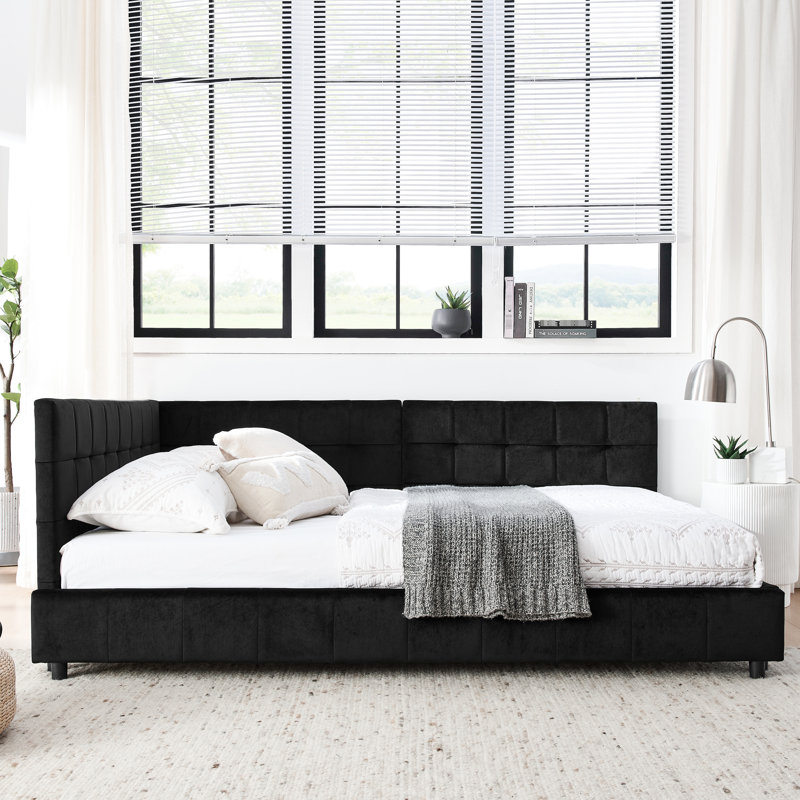 Lit double rembourré en velours noir avec cadre confortable pour la chambre à coucher et le salon
