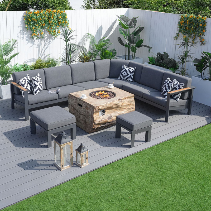 Pilly 7- Person Outdoor Patio Conversation Furniture Set With Fire Pit