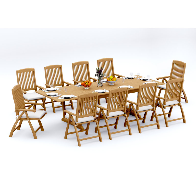 11 Pcs Grade-A Teak Wood Dining Set: 118" Double Extension Mas Rectangle Trestle Leg Table  Marley Folding Reclining Arm Chairs #11MR2510