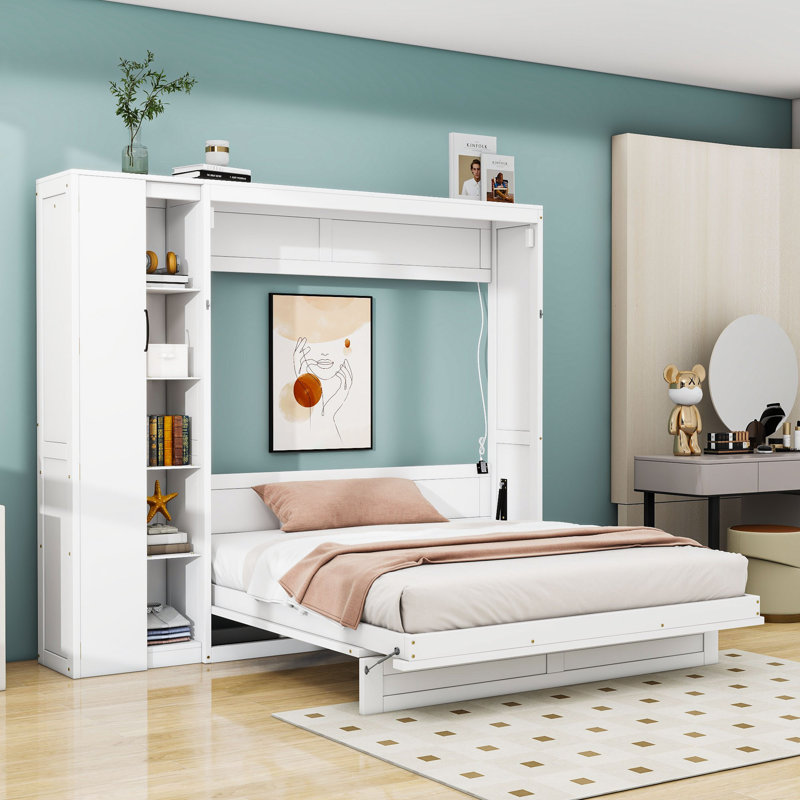 Lit escamotable en bois avec tablettes et garde-robe, Blanc, Grand