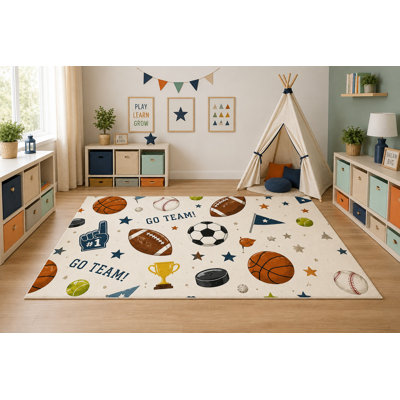 "Ultra Thin" 5' x 7' Sports Team Collage Area Rug for Kids Room, Bedroom, Living Room and Home Office, Soft Low Pile Carpet with Non-Slip Silicone Backing