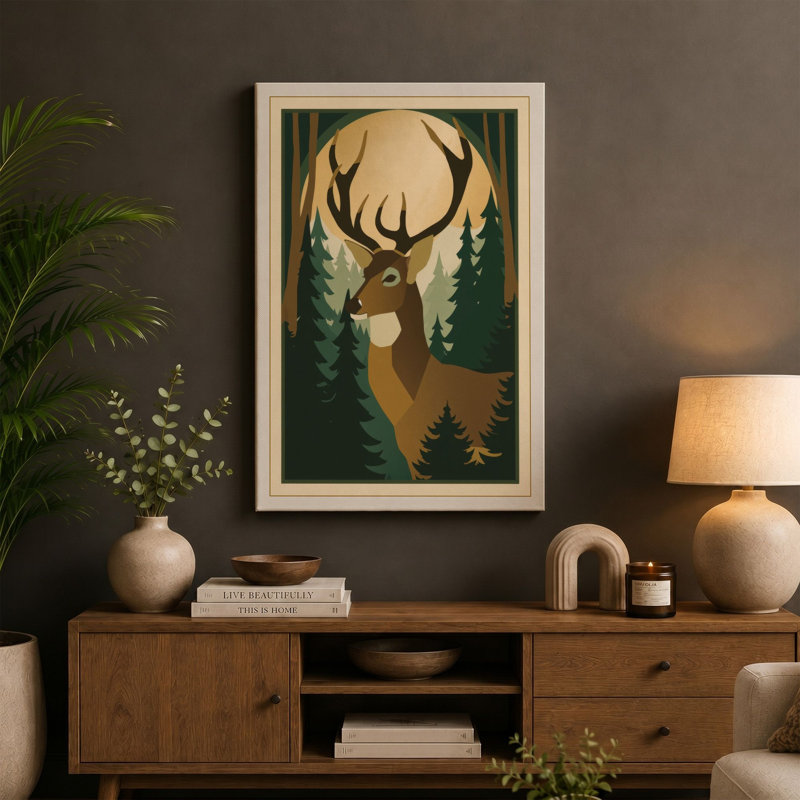 Forest Deer Scandinavian - Wrapped Canvas, 36x24 - 91.4 x 61.0 cm, Teal Border