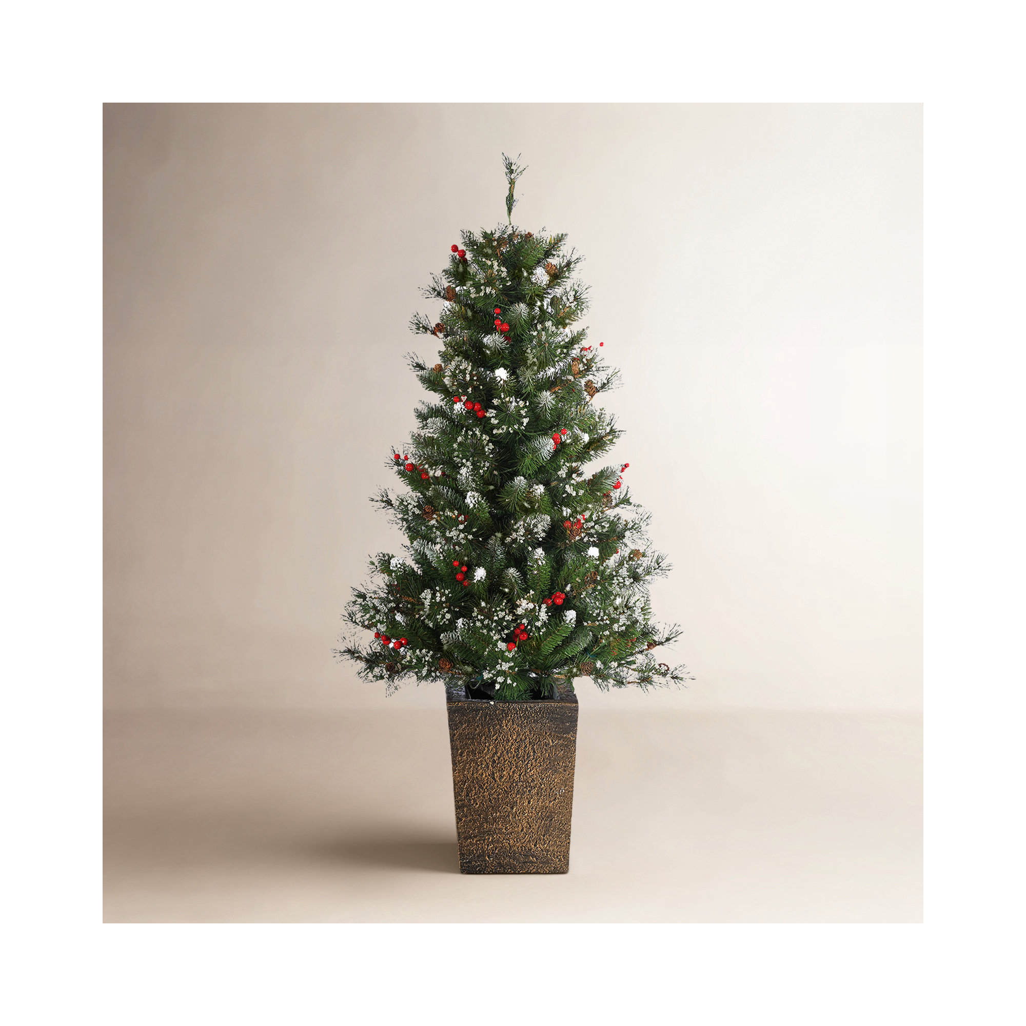 Elegant 4 Foot Potted Mixed Needle Glacier Pine With Iced Tips With Pine Cones And Red Berries
