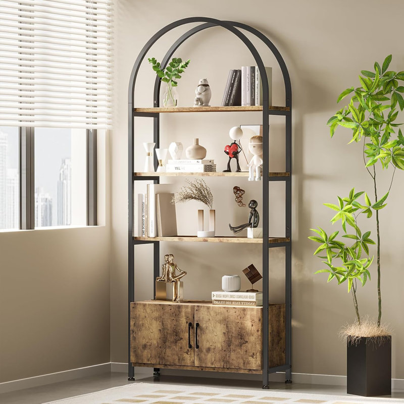 Arched Bookshelf, Vintage Bookcase Display Racks Tall Standing Bookshelves, 4 Tier Book Shelf Board and Studry Metal Frame, Accent Bookshelf for Living Room