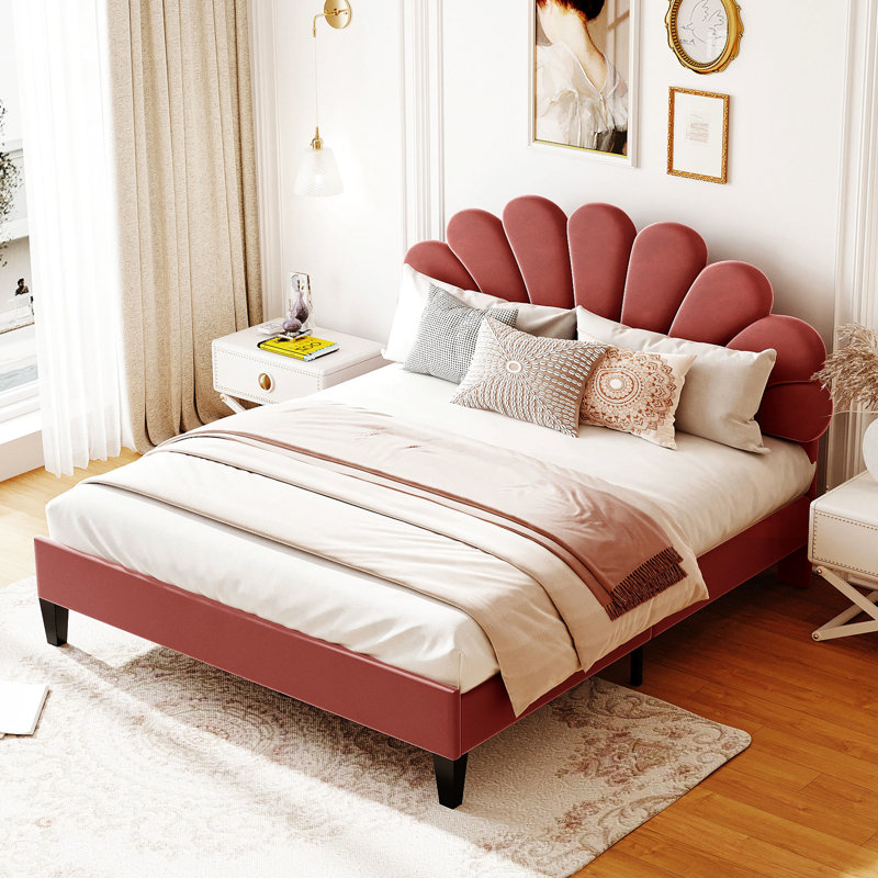Lit tapissier attrayant de grande taille avec tête de lit en velours et tête de lit rouge, Gris, Grand lit