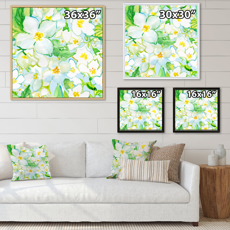 Jamin en fleurs blanches sur feuilles vertes - peinture sur toile, Cadre flottant en érable, H 30 po x l 30 po
