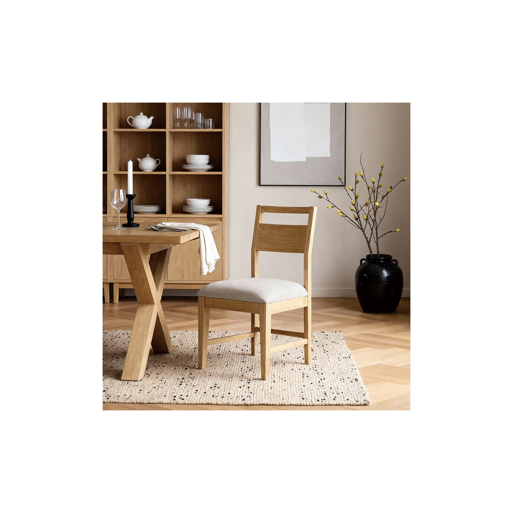 Mid-Century Upholstered Dining Chair with Frame in Walnut Finish, Natural Wood