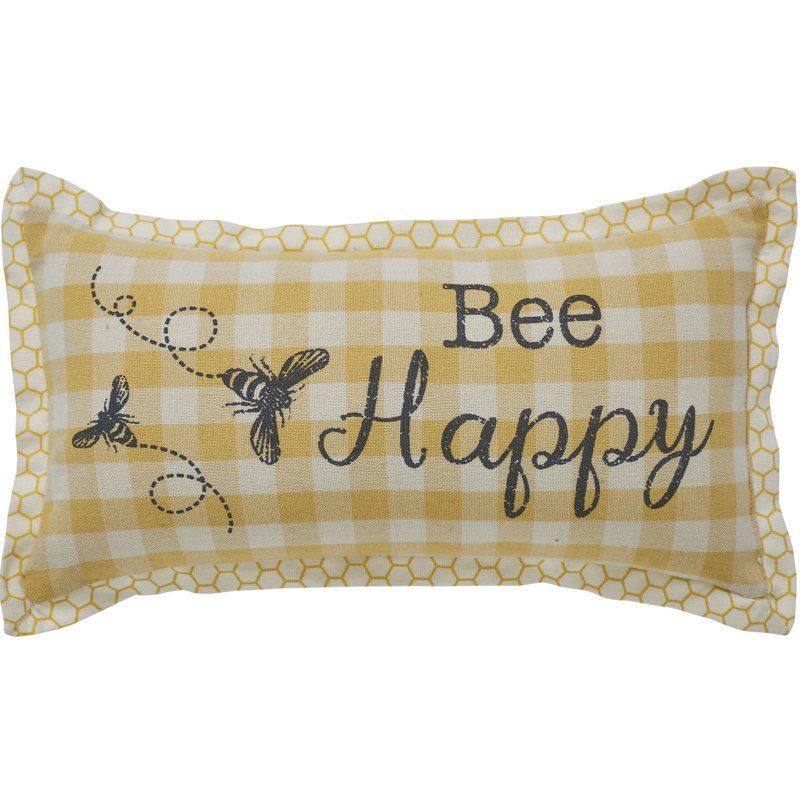 Bee Happy Yellow Plaid Cotton Rectangular Throw Pillow