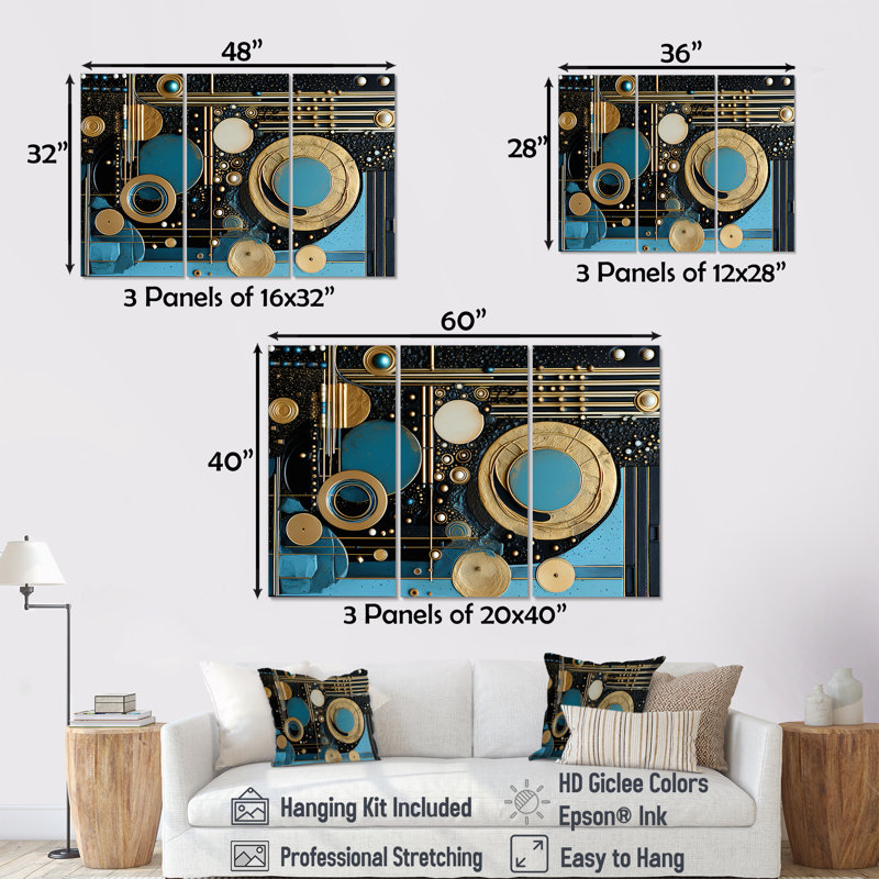 Art nouveau collage art bleu clair - ensemble de décoration murale géométrique, Toile tendue, H 40 po x l 60 po x P 1 po