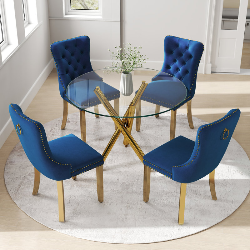 Ensemble de salle à manger à piédestal rond 5 pièces avec chaise capitonnée en velours pour salle à manger et salon, Bleu