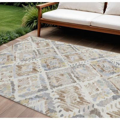 9' X 12' Ivory And Cream Geometric Washable Indoor Outdoor Area Rug