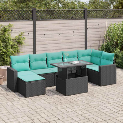 Ensemble de 8 canapés de patio avec coussins en rotin noir et acacia