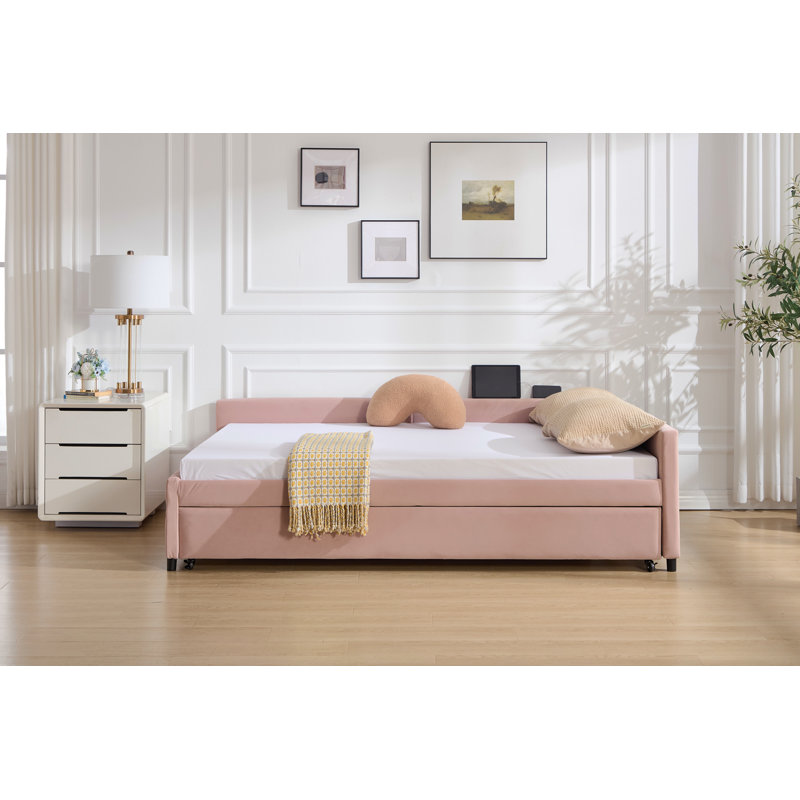 Upholstered Daybed With Trundle,Sturdy Wooden Bed Frame, Modern Diamond Grid Design,For Bedroom, Guest Room (Pink), Pink