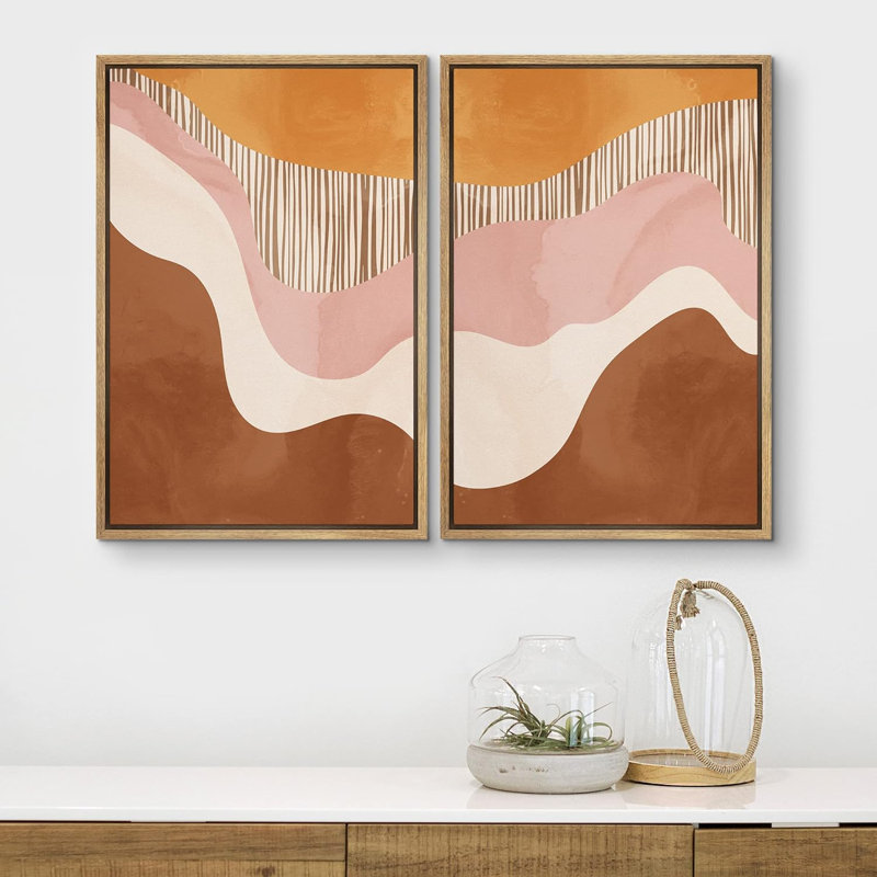 Mid-Century, Mid-Century, pastel, orange, rose, brun, champ, formes abstraites, chic moderne sur toile