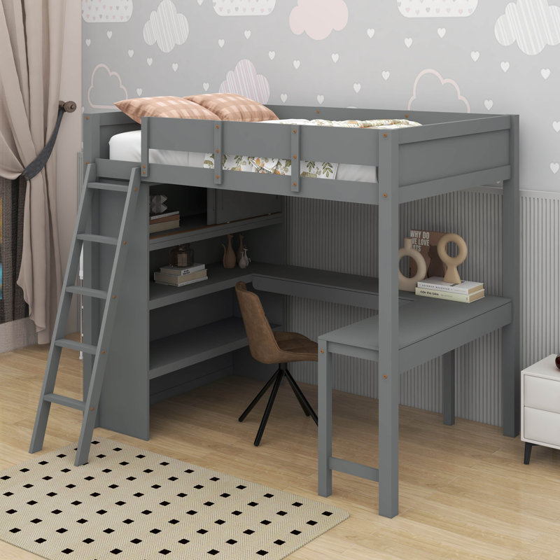 Lit mezzanine double avec bureau et tablette, gris
