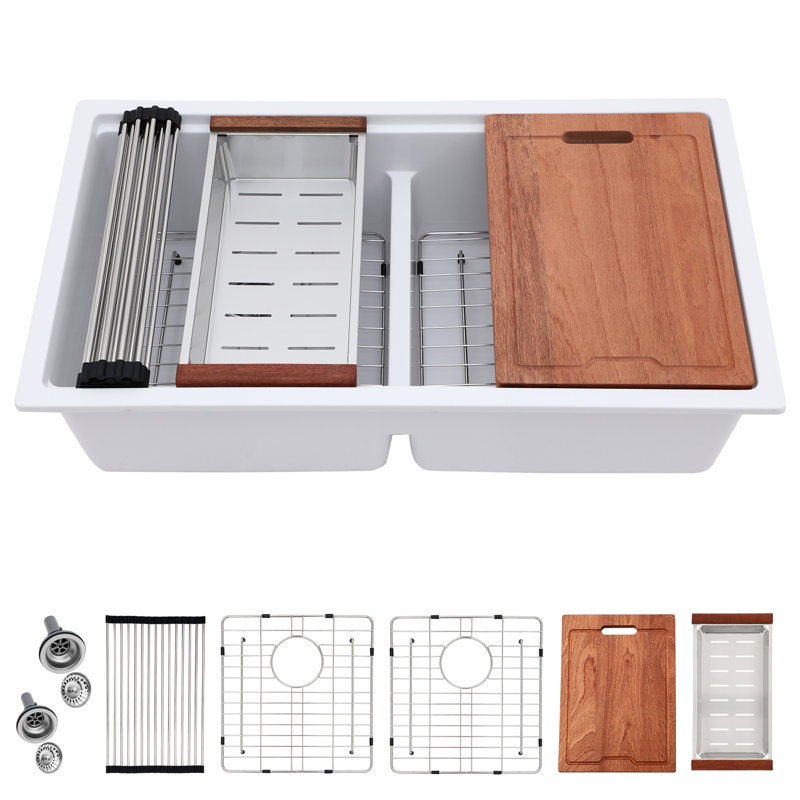 33"L x 19"W Quartz 50/50 Double Bowl Low-Divider Kitchen Sink, White Granite Composite Undermount Workstation Kitchen Sink with Accessories
