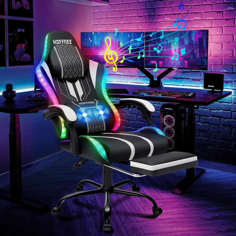  Ergonomic Gaming Chair with Speakers RGB LED Lights and Massage, White