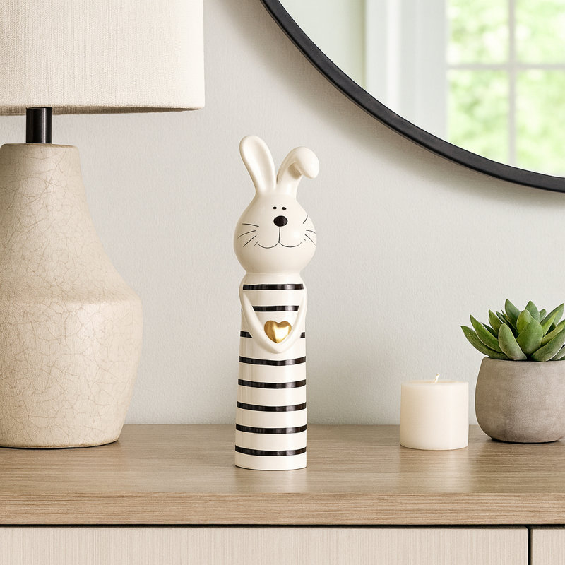 Decorative Ceramic Bunny Figurine Object for Home Decor - Decorative Sculpture Statue with Heart Accent for Living Room Decoration - Ivory & Black