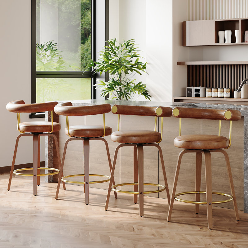 26" Faux Leather Swivel Bar Stools With Bent Wood Legs  (Set Of 4), Brown