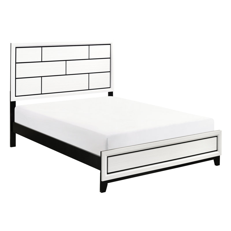Modern White Queen Bed For Bedroom, Wood, Black Line Design Enhancement Contemporary Bed, Wooden Bedroom Furniture With