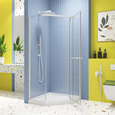 -Angle Pivot Shower Door - 1/4" Tempered Glass Matte White 34.75 In. X 72 Quality #304 Stainless Steel Handle Good Leak Resistance Enclosure Stable Mechanism Protection Function