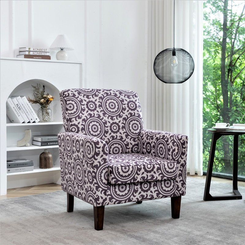 Fauteuil à motifs en mélange de polyester, structure en bois de bouleau massif avec pieds fuselés bruns, chaise d'appoint rembourrée de mousse avec garniture pour le bureau du salon