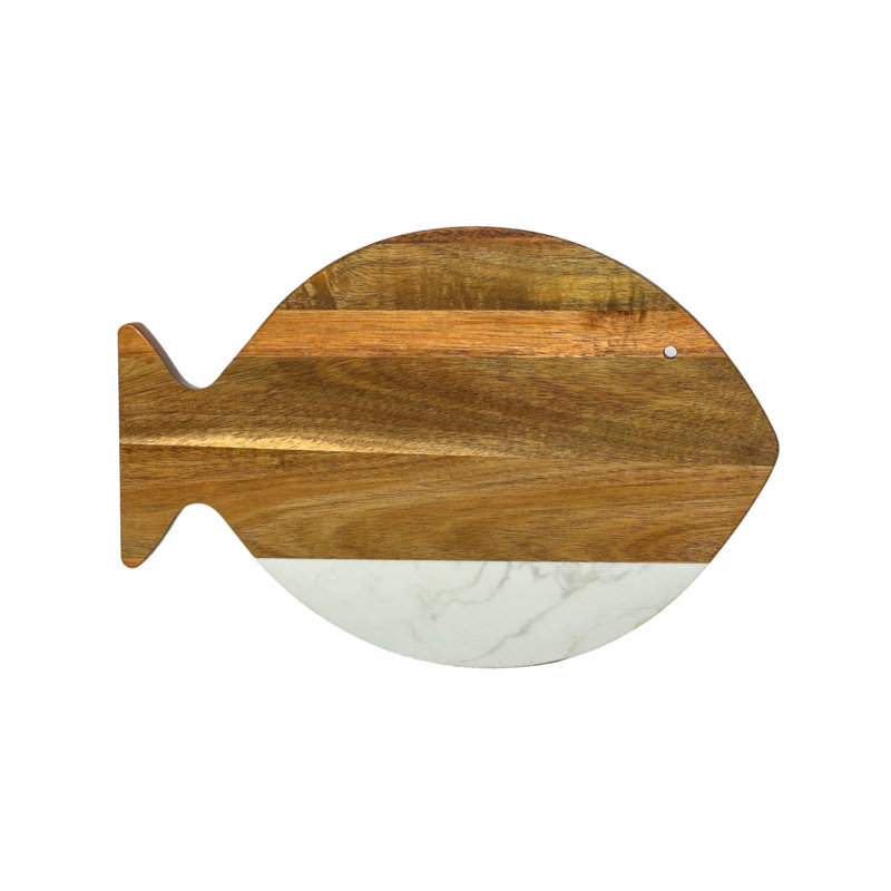White Marble and Acacia Wood Fish-Shaped Chopping Block
