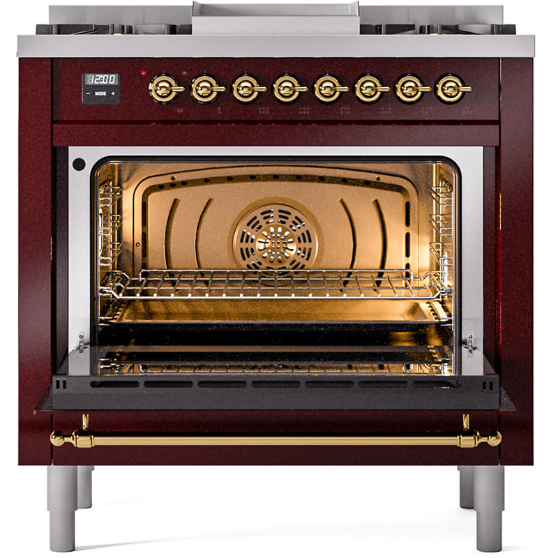ILVE Nostalgie II 36 Dual Fuel Range, knobs, Burgundy/Brass, Natural Gas