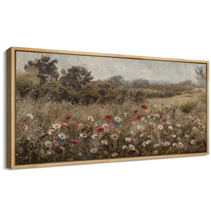 Wildflower Meadow Landscape Rustic Field with Vibrant Flowers, Natural, 30" H x 60" W